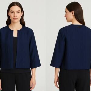 EILEEN FISHER 100% Silk Textured Cropped Jacket – Size L – Navy Blue